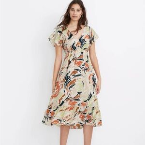 NWT Madewell Flutter-Sleeve Ruffle-Waist Midi Dress in Brushing Up